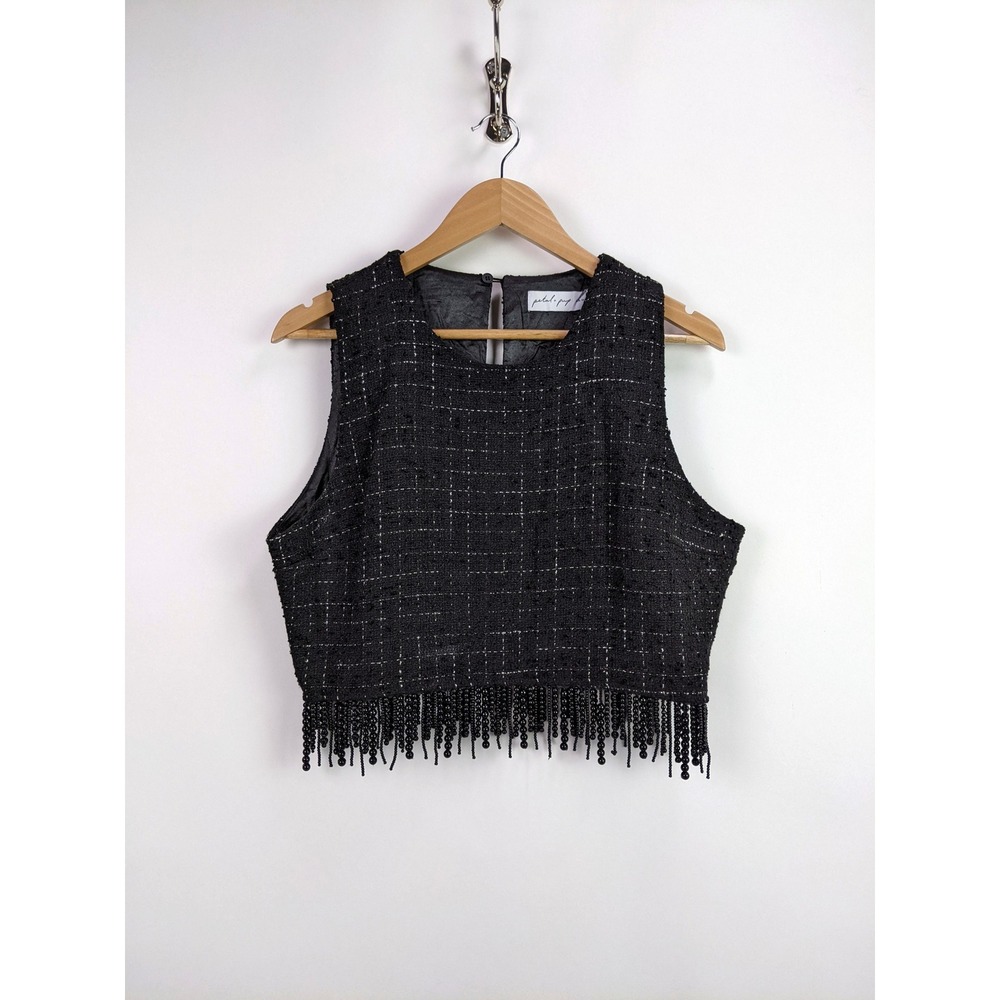 Petal & Pup Milana Tweed Bead Fringe Sleeveless Top in Black Size XL